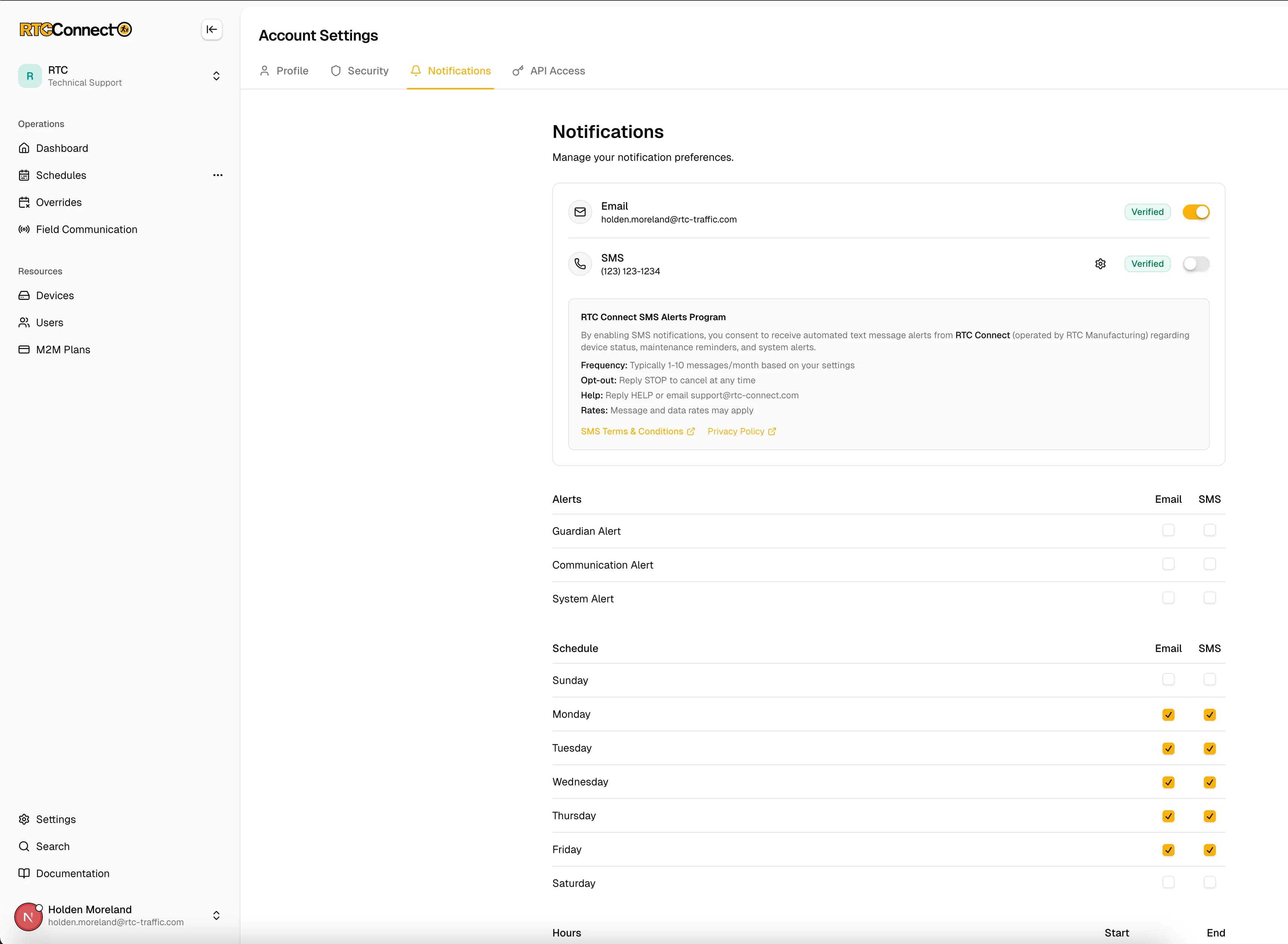 RTC Connect SMS opt-in workflow showing the notification settings page with SMS toggle, consent disclosure, alert type selection, and schedule configuration